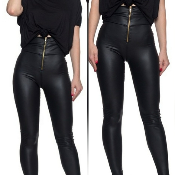 Faux Leather High Waisted Leggings w/ Gold Zipper - Picture 2 of 4